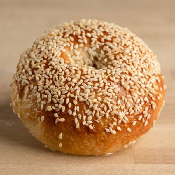 Close up of a white sesame seeded bagel