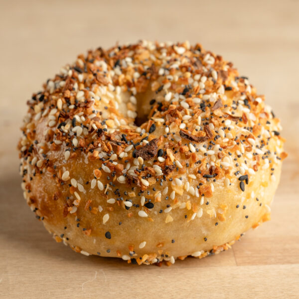 Close up of everything bagel.